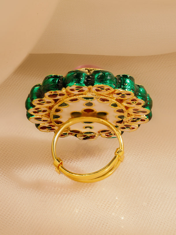 Pink Kundan Bloom Adjustable Ring