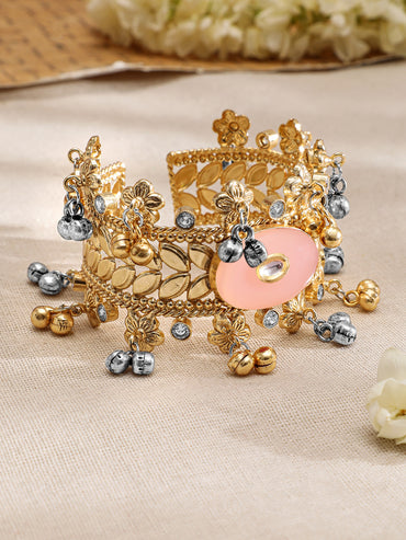 Rubans 24K Gold-Plated Dual-Tone Gold & Silver Beads Peach Stone Handcrafted Cuff Bracelet