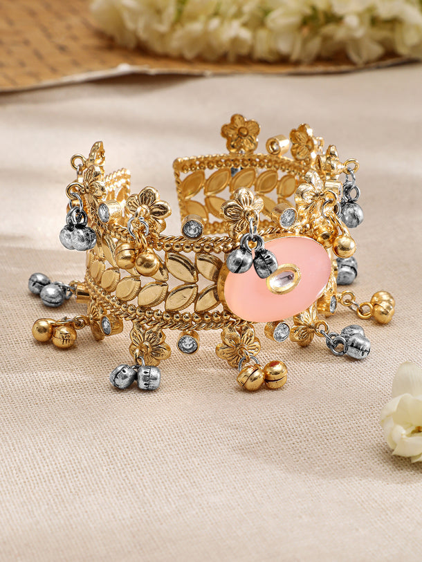 Rubans 24K Gold-Plated Dual-Tone Gold & Silver Beads Peach Stone Handcrafted Cuff Bracelet