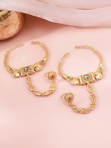 Gold Plated Emeral Centered Kundan Hathphool