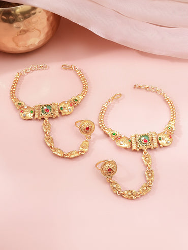 Gold Plated Emeral Centered Kundan Hathphool