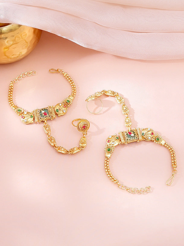 Gold Plated Emeral Centered Kundan Hathphool