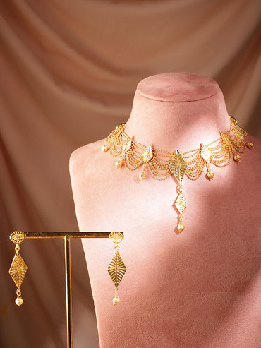 Rubans 22K Gold-Plated Multi-Strand Necklace Set with Leaf Motifs and Matching Drop Earrings for Womens & Girls