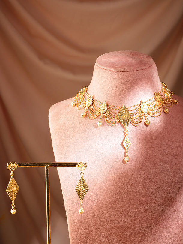 Rubans 22K Gold-Plated Multi-Strand Necklace Set with Leaf Motifs and Matching Drop Earrings for Womens & Girls