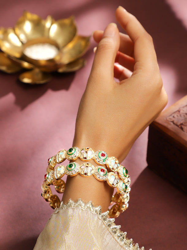 Rubans Set of 2 18K Gold Plated Red & Green Stone and Enamel Work Handcrafted Bangles