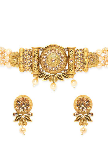 Pearl Beaded Floral Golden Choker Set
