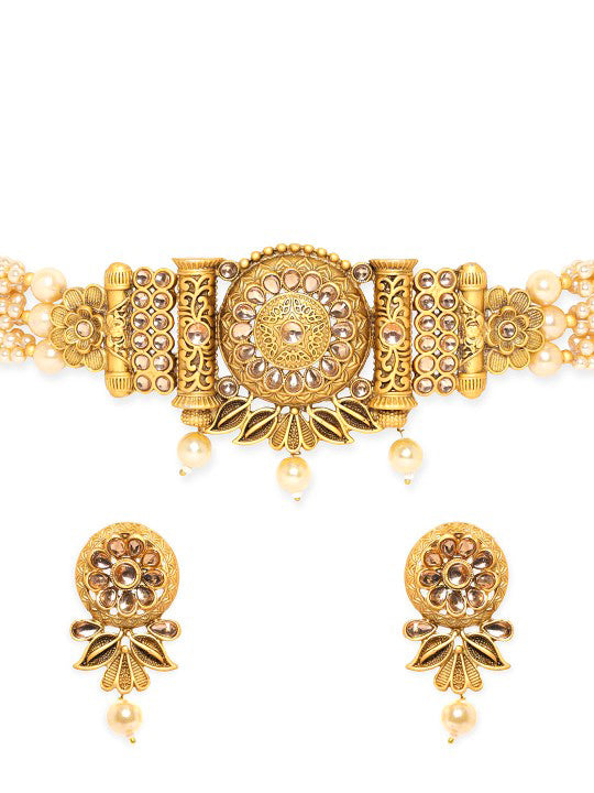 Pearl Beaded Floral Golden Choker Set