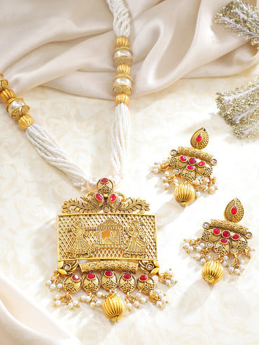 Rubans 22K Gold-Plated Ruby & White Pearl Beaded Multistrand Temple Motif Jewellery Set