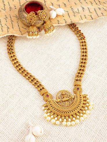 Laxmi Motif Pearl Drop Golden Necklace Set