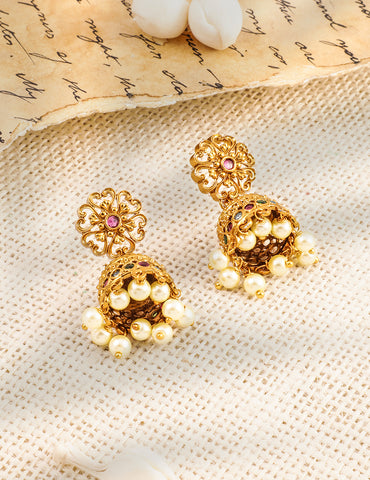 Laxmi Motif Pearl Drop Golden Necklace Set