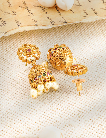 Laxmi Motif Pearl Drop Golden Necklace Set
