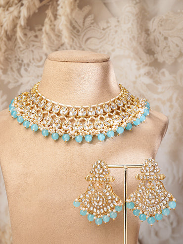Rubans 22K Gold-Plated White Kundan Studded & White Pearls & Blue Bead Drops Handcrafted Bridal Necklace Set