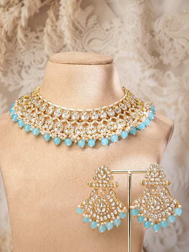 Rubans 22K Gold-Plated White Kundan Studded & White Pearls & Blue Bead Drops Handcrafted Bridal Necklace Set