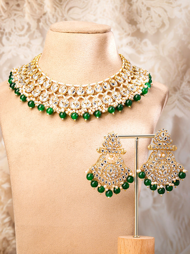 Rubans 22K Gold-Plated White Kundan & Green-White Pearl Bead Drops Handcrafted Bridal Necklace Set