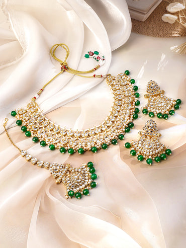Rubans 22K Gold-Plated White Kundan & Green-White Pearl Bead Drops Handcrafted Bridal Necklace Set
