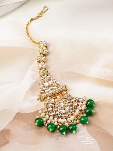Rubans 22K Gold-Plated White Kundan & Green-White Pearl Bead Drops Handcrafted Bridal Necklace Set