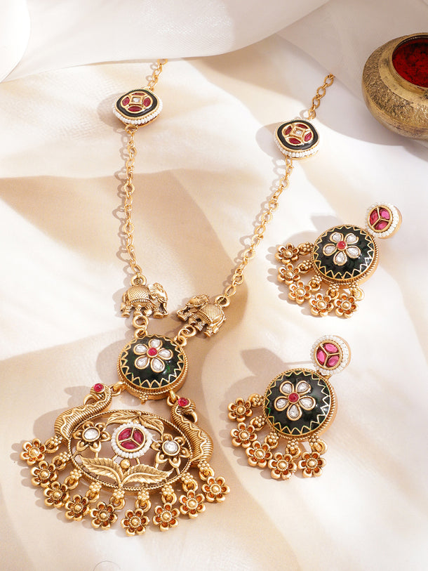 Gold Elephant & Peacock Motif Floral Drops Necklace Set
