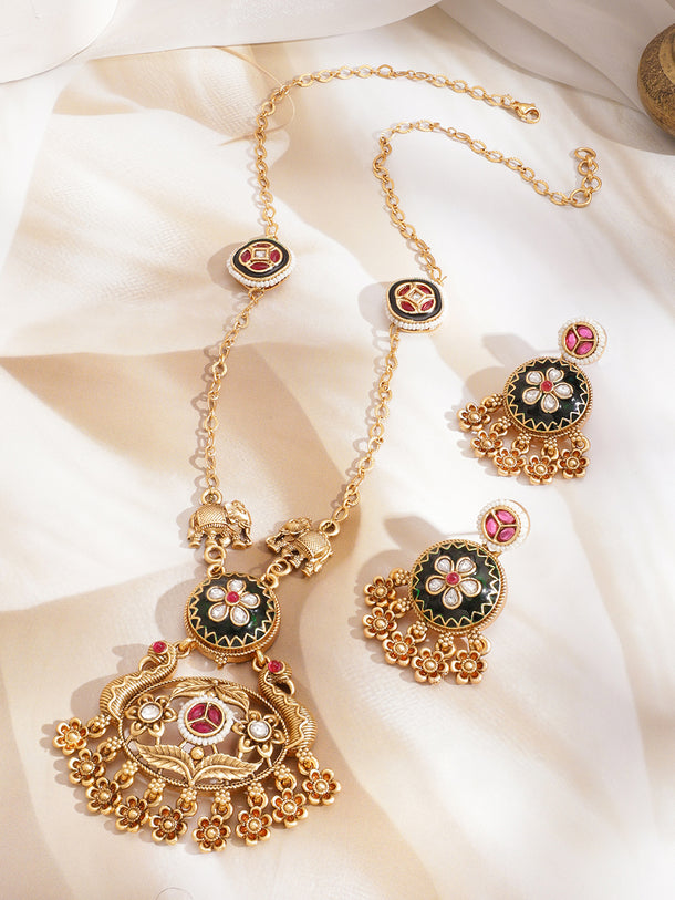 Gold Elephant & Peacock Motif Floral Drops Necklace Set