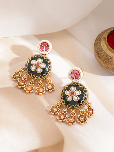 Gold Elephant & Peacock Motif Floral Drops Necklace Set