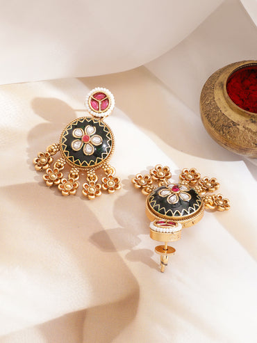 Gold Elephant & Peacock Motif Floral Drops Necklace Set