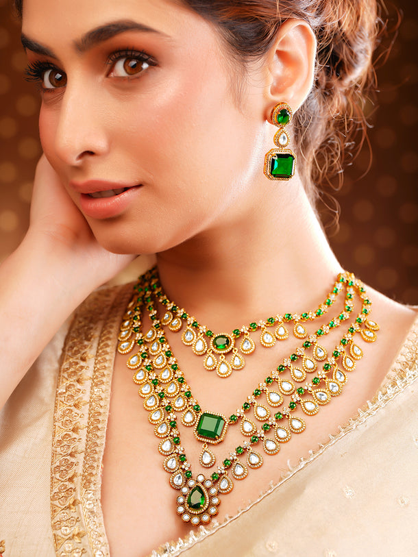 Gold plated Teardrop Layered Emerald Necklace Set