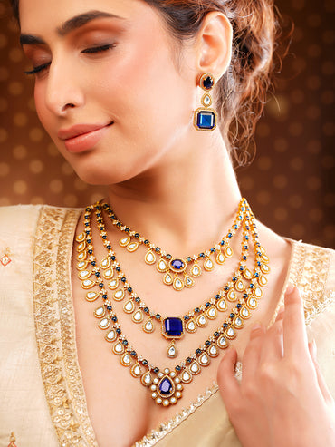 Gold plated Teardrop Layered Blue Sapphire Necklace Set