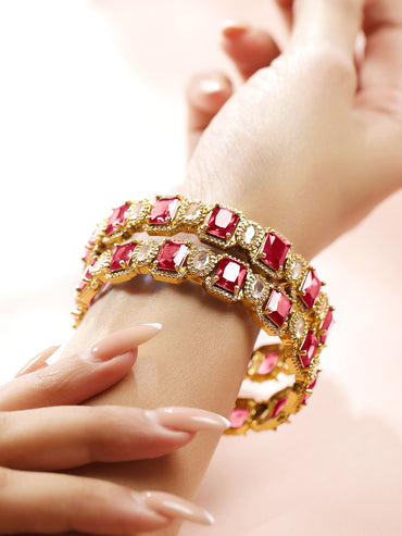 Rubans Set of 2 22K Gold-Plated Ruby Pink & White Cubic Zirconia Studded Premium Bangles