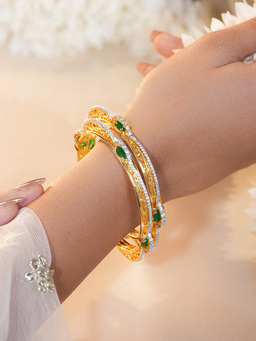 Gold Plated Emerald Crystal Ribbed Bangles Set of 2