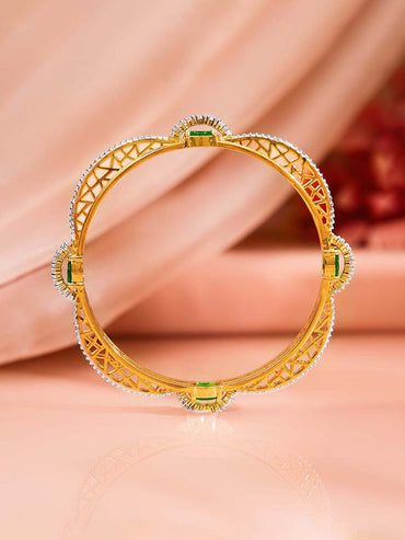 Gold Plated Emerald Crystal Ribbed Bangles Set of 2