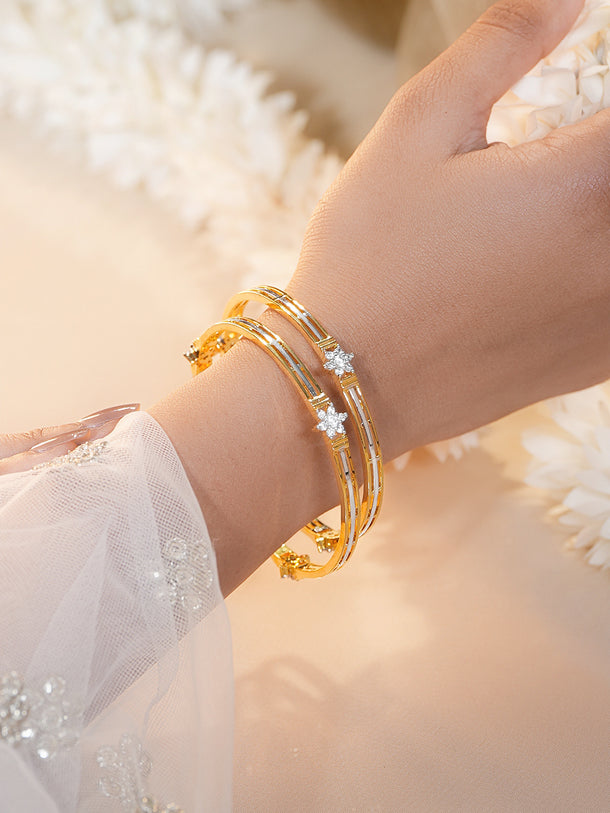 Gold Plated Pearl Crystal Bloom Bangles Set of 2