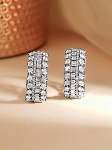 Rhodium Plated American Diamond Zirconia Hoop Eaaings