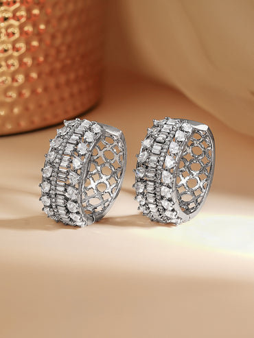 Rhodium Plated American Diamond Zirconia Hoop Eaaings
