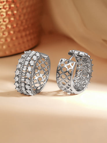 Rhodium Plated American Diamond Zirconia Hoop Eaaings