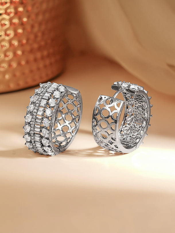 Rhodium Plated American Diamond Zirconia Hoop Eaaings