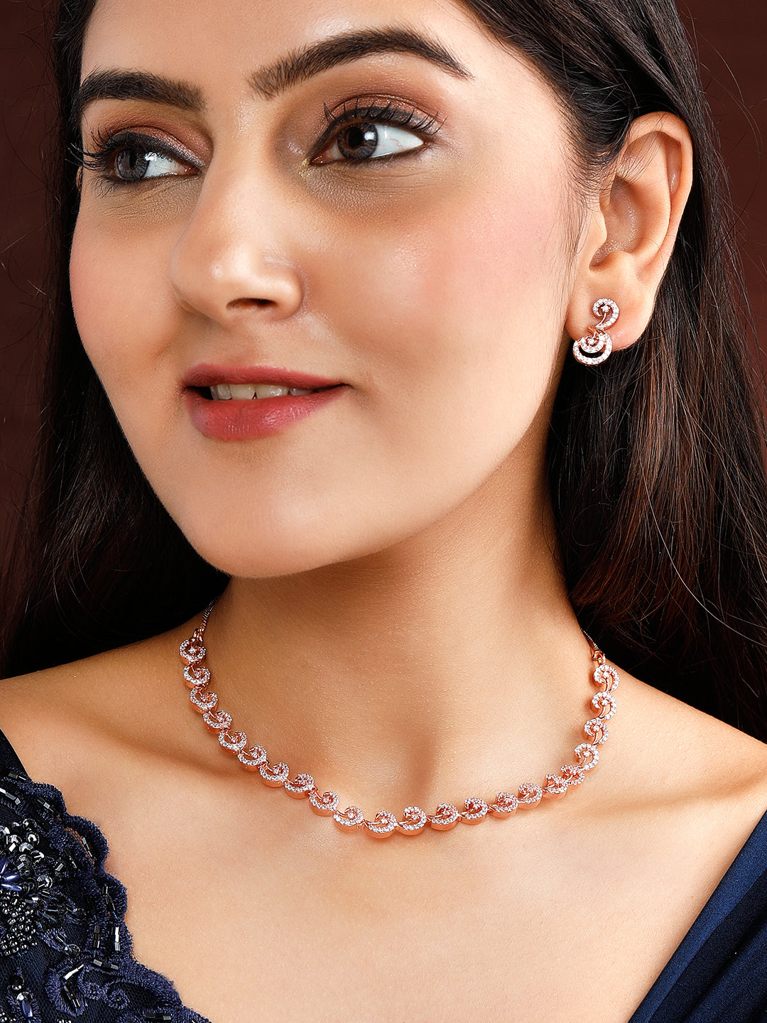 Rubans Rose Gold Plated Zirconia Stone Studded Handcrafted Necklace Set.