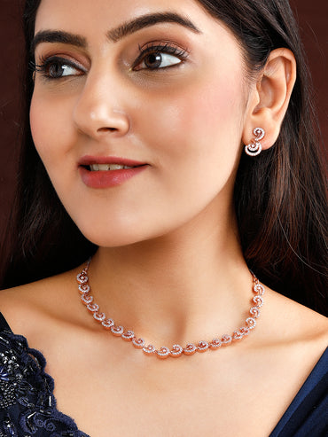 Rubans Rose Gold Plated Zirconia Stone Studded Handcrafted Necklace Set.