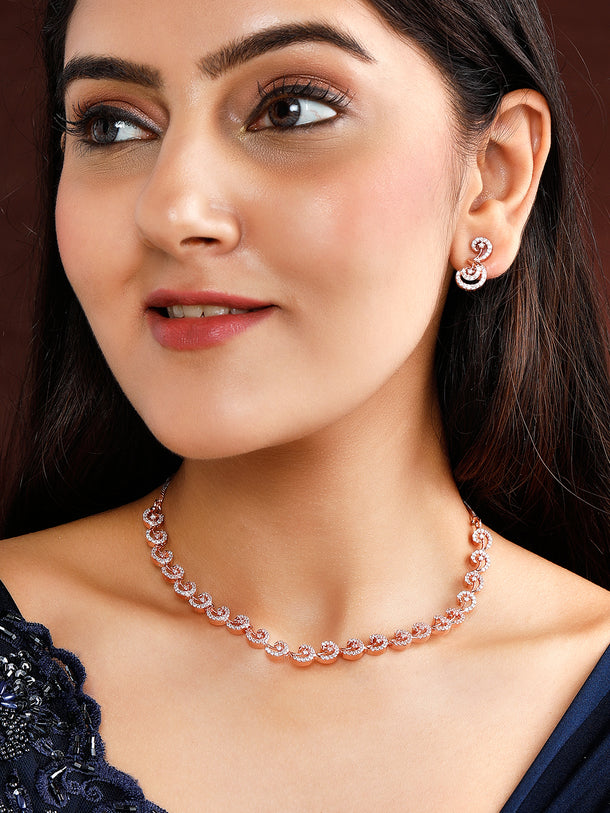 Rubans Rose Gold Plated Zirconia Stone Studded Handcrafted Necklace Set.