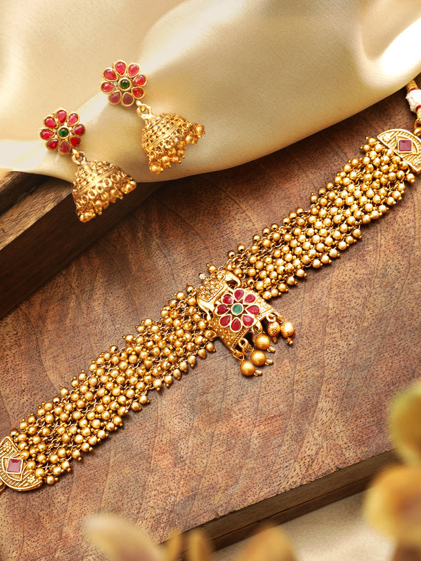 Rubans 24K Gold Plated Handcrafted Ruby Stone & Gold Ghungroo Temple Choker Set