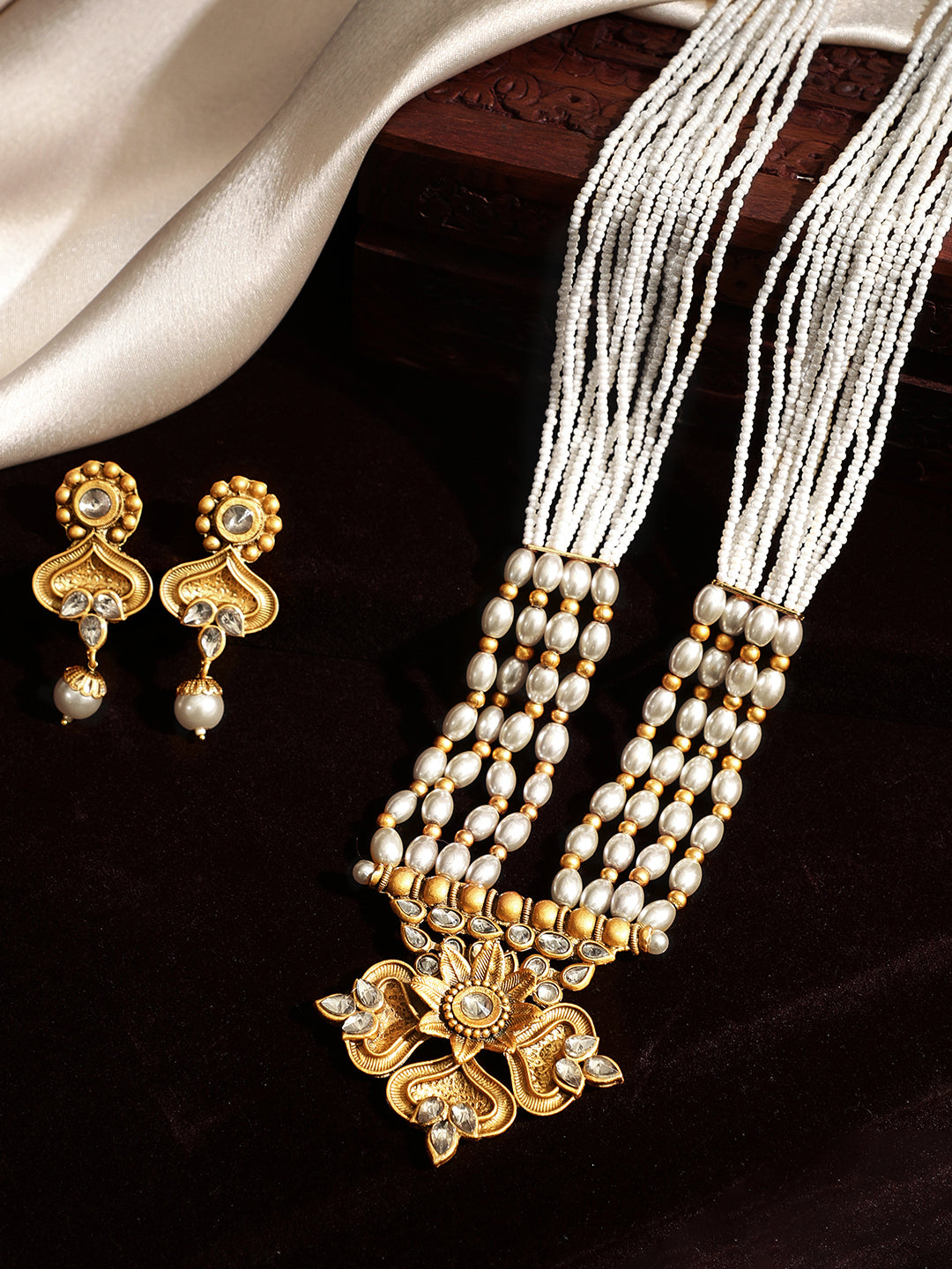 Rubans Gold Plated Handcrafted Kundan & white Beads Necklace Set
