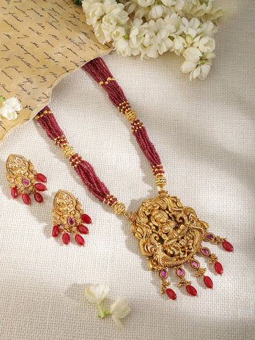 Red Beaded Laxmi Motif Necklace Set