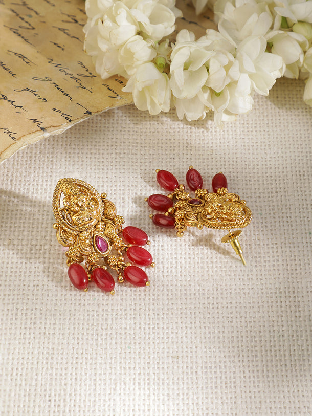 Red Beaded Laxmi Motif Necklace Set