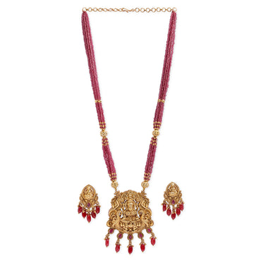 Red Beaded Laxmi Motif Necklace Set