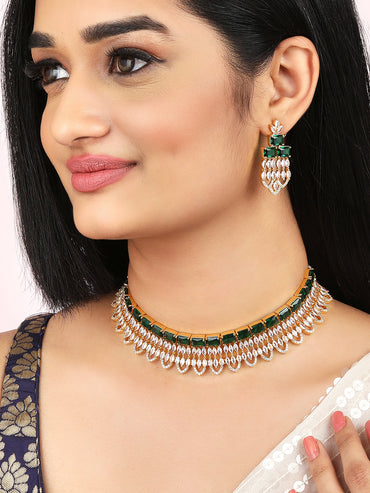 Rubans Gold Plated Green & White Stone Studded American Diamond Necklace Set.