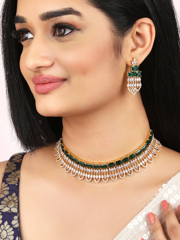 Rubans Gold Plated Green & White Stone Studded American Diamond Necklace Set.