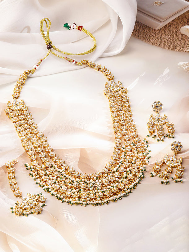 Multi-Layered American Diamond Zirconia Pearl Necklace Set