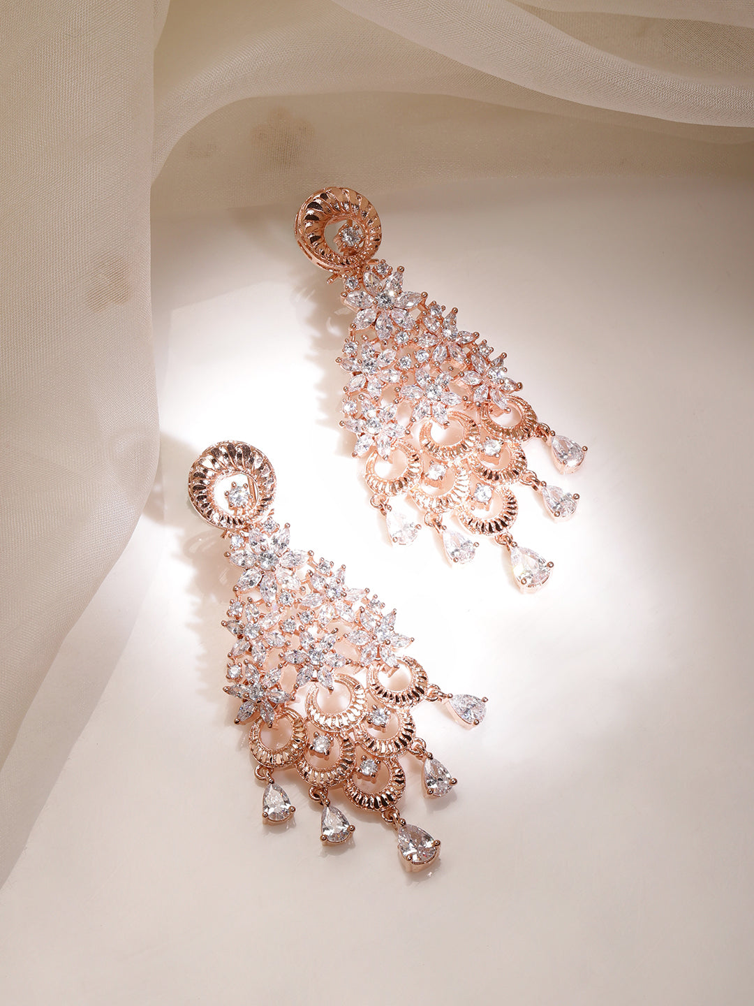 Rubans 18K Rose Gold White Cubic Zirconia Floral Cascading Floral Chandelier Earrings