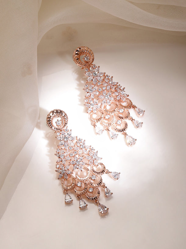 Rubans 18K Rose Gold White Cubic Zirconia Floral Cascading Floral Chandelier Earrings
