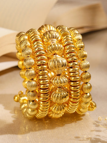 Rubans 18K Gold-Plated Textured Golden Beaded Statement Bracelet for Women