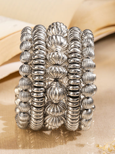 Rubans Silver-Plated Textured Beaded Statement Bracelet for Women