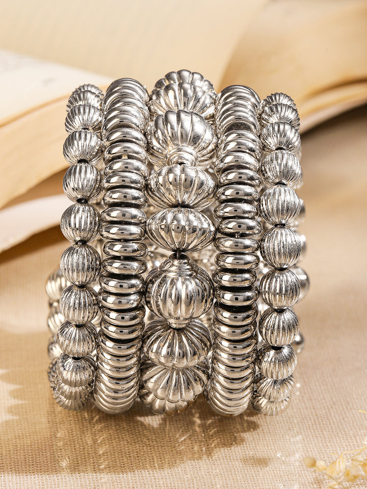 Rubans Silver-Plated Textured Beaded Statement Bracelet for Women